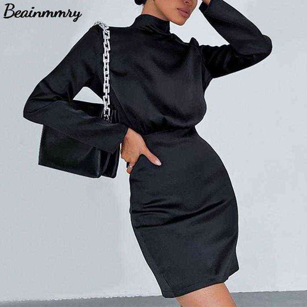 

casual dresses women solid black satin halter bow high neck a-line mini dress office lady chic elegant long sleeve hollow out party dress t2, Black;gray