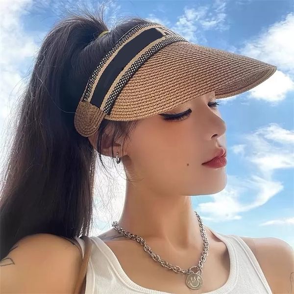 

designer straw hat luxury women sun hat anti-uv female outdoor adjustable hand made wide brim hats ladies fashion letter beach visor cap hig, Blue;gray