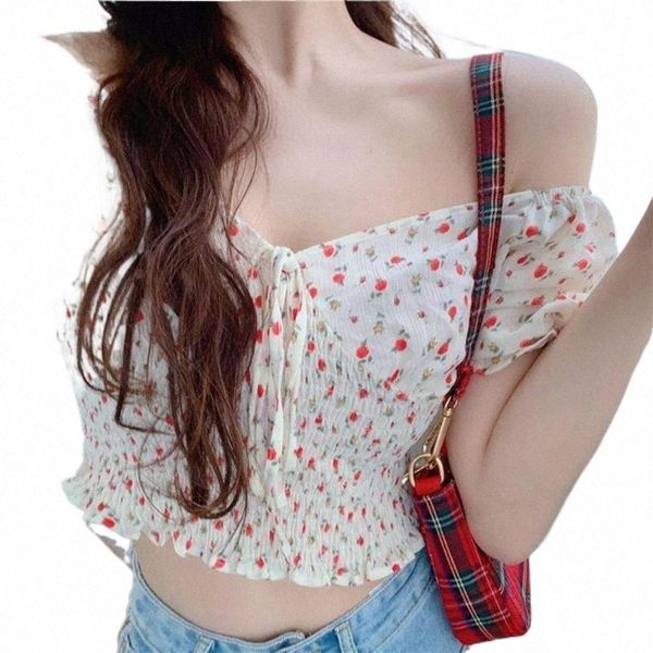 

women's tanks & camis women's tanks & camis women summer stylish wrinkled puff sleeve floral v neck waist tight crop pleated desig, White