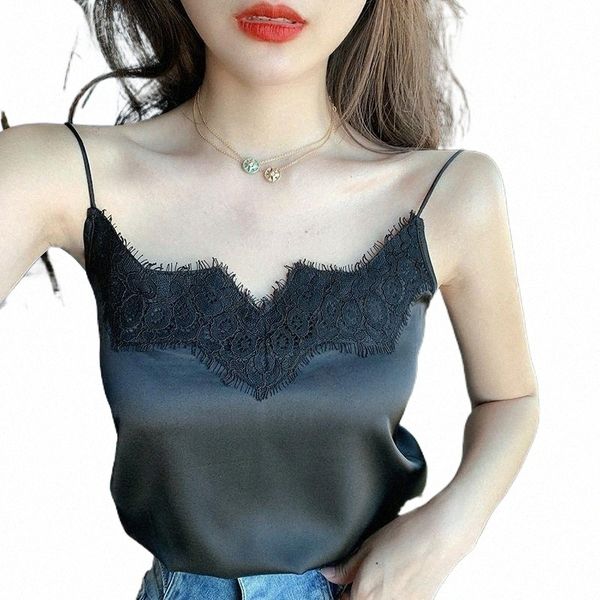 

women's tanks & camis women's tanks & camis satin loose women summer patched lace collar black white silk camisole femme clothing