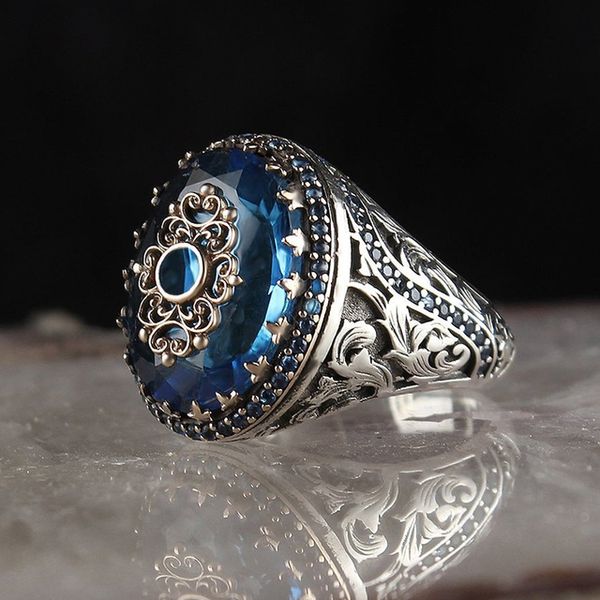 

vintage turkish signet ring for men women antique silver color carved eagle ring inlaid green zircon locomotive punk jewlry, Golden;silver