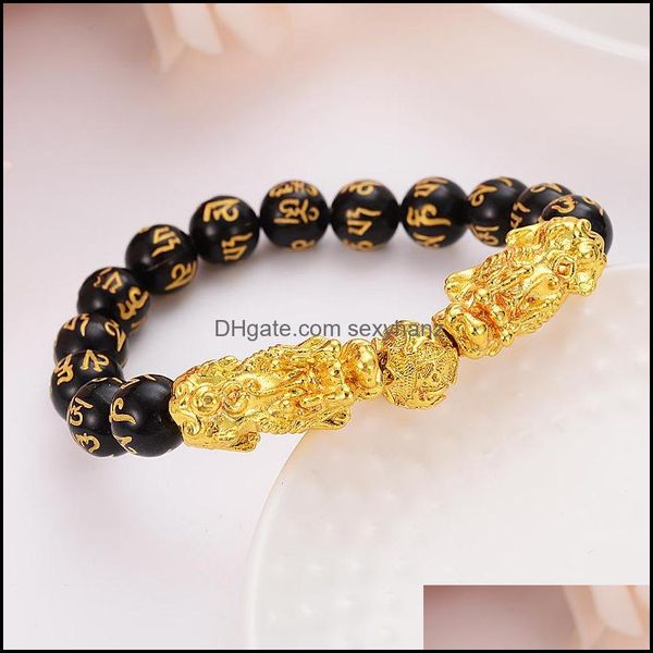 

bangle feng shui obsidian stone beads bracelet men women wristband gold black pixiu wealth and good luck 178 u2 drop delivery dh7o6