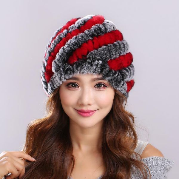 

real rex rabbit fur hat lady winter warm beanie cap fluffy soft diagonal stripes, Blue;gray