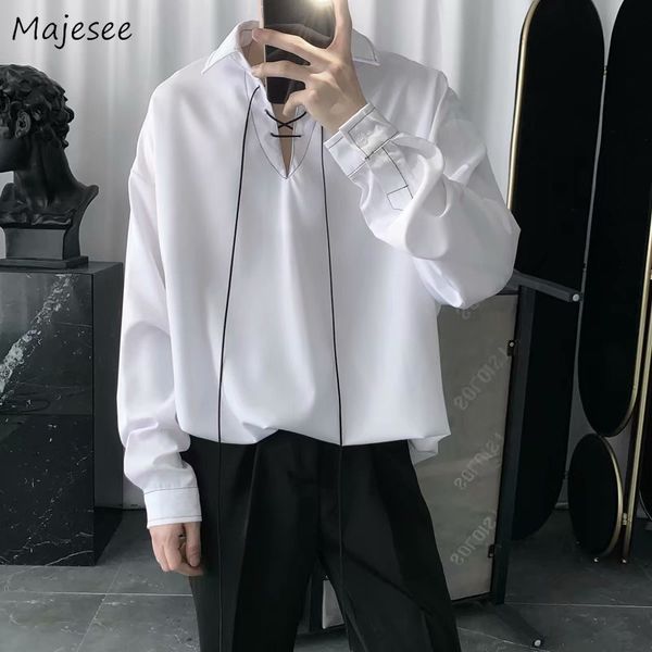 

men s casual shirts men clothing trendy brand solid draw string handsome loose couple design chemise homme fashion classic business 220901, White;black