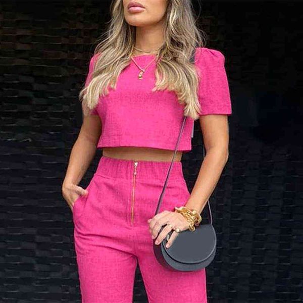 

women's tracksuits 2021 summer fashion women's suit short sleeve puff sleeve high waist slim pants elegant casual suit office lady, Gray
