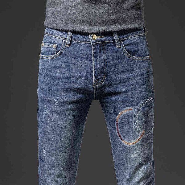 

jeans men's autumn winter men's slim straight tube cat whisker print casual pants, Blue