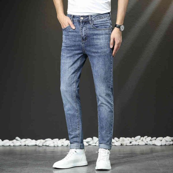 

men's jeans jeans men's youth korean version elastic slim fit small foot brand long pants summer thin tmld, Blue
