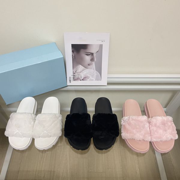 

terry cloth slides slippers flat electric embroidery fur mules designer women wool sandals furry enamel triangle shoes, Black
