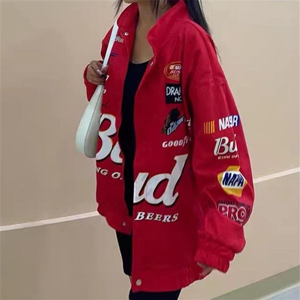 

women winter jacket coat red printed zipper long sleeve racing jackets vintage sport style polyester bomber jacket women 210827274b, Black;brown