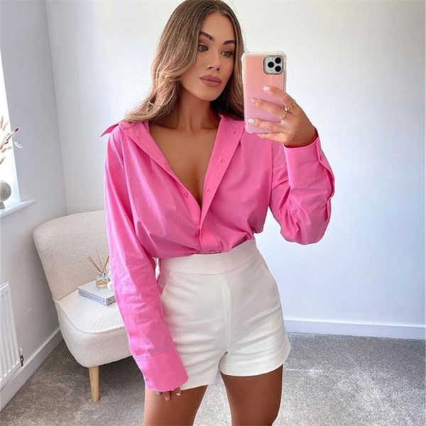 

women's blouses shirts summer women dark pink shirt long sleeve simple office lady female single breasted turn down collar 220901, White