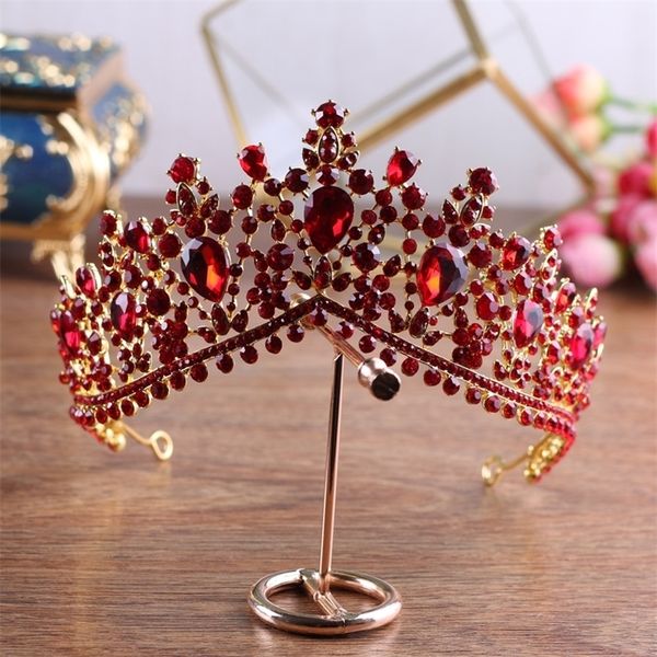 

wedding hair jewelry luxury gold color red bridal tiaras crown vintage baroque crystal diadem for bride headbands accessories 220831, Slivery;golden