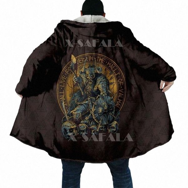

men's wool & blends men's wool & blends viking warrior shield skull all over 3d printed overcoat thick warm hooded cloak coat for, Black