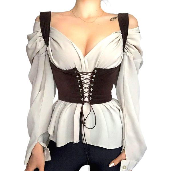 

women s t shirt vintage aesthetic eyelet lace up skinny corsets grunge goth accessories dress underbust gothic punk bandage corset 220901, White