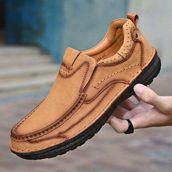 

leather shoes autumn limes 2022 hand sewn lightweight breathable wear-resistant antiskid dirt resistant leather soft sole elastic belt men, Red;white