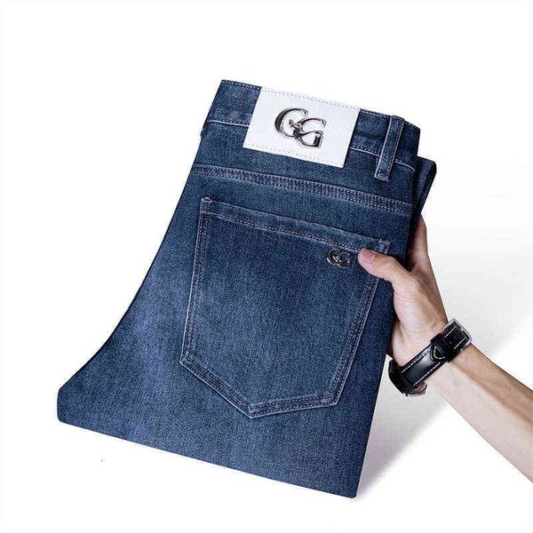 

jeans gouoi men's autumn and winter korean youth elastic slim fit small feet european high-end brand pants, Blue