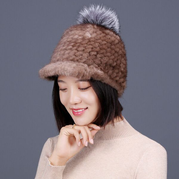 

winter warm fur hat women real mink peaked cap with fox fur pompom wine, Blue;gray
