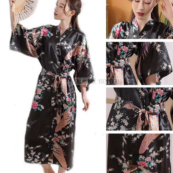 

long bathrobe sleepwear v-neck lingerie nightgown print peacok robe lady satin, Black;red