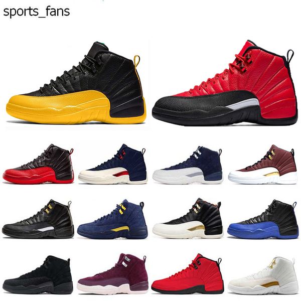 

12 12s mens basketball shoes reverse flu game royal fiba dark grey ov white sports trainers sneakers 7-13