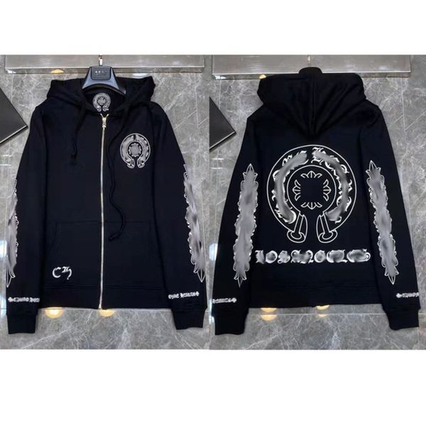 

men's fashion luxury sweatshirts classic ch hoodie hooded designer horseshoe sanskrit loose zipper jacket pullover coat women sweatshi, Black