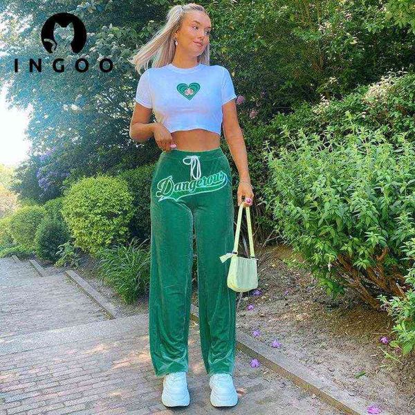 

women's tracksuits ingoo y2k street tracksuit 2 pieces set women casual print cropped and letter straight sweatpants suit female sport, Gray