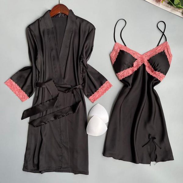 

kimono robe womens sleepwear set women patchwork color nightgown intimate, Black;red