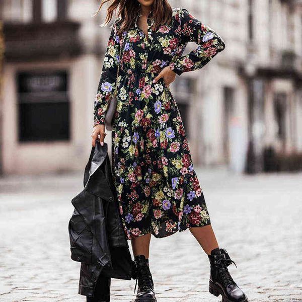 

casual dresses fashion casual chiffon waist long dresses women retro floral print long sleeve dress elegant turn-down collar button shirt dr, Black;gray
