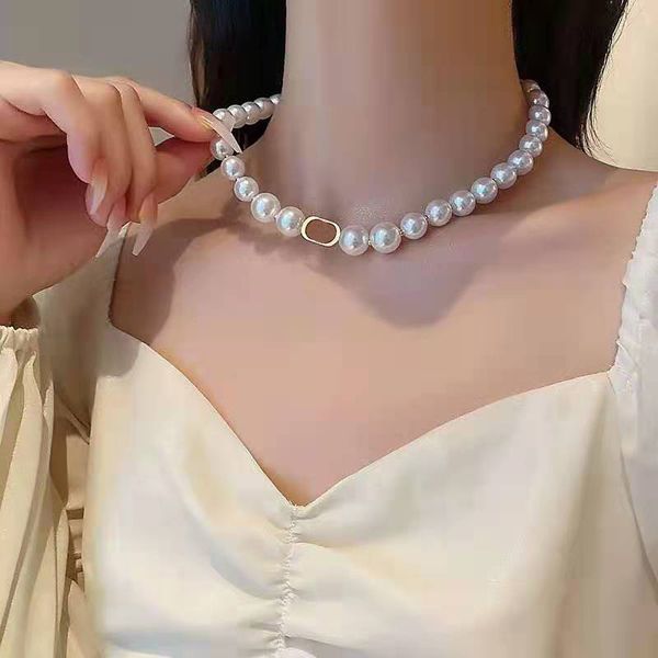 

d designer pearl necklace women's fashion letters pearl beaded pendant light luxury temperament classic jewelry wedding party accessori, Silver