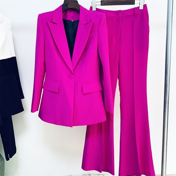 

women's two piece pants blazer uits set office ladies women yellow purple business single buttons flared formal suit 220901, White