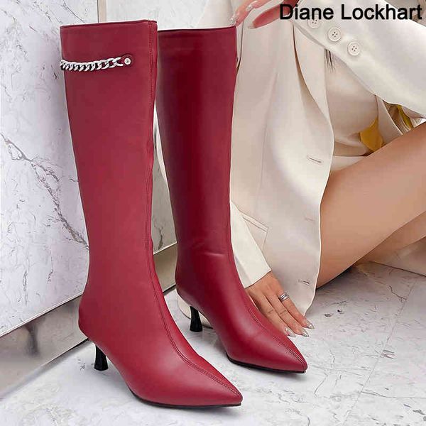 

boots 2022 winter woman boot fashion pure color pointed toe stilettos heels vintage metal chain zipper knee high slim shoes 220901, Black