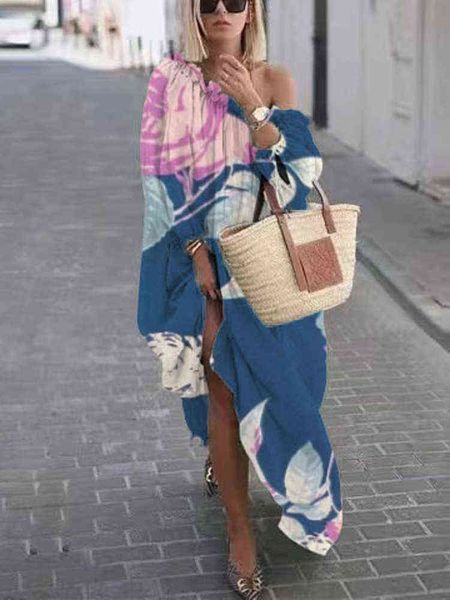 

casual dresses summer floral print loose beach dress women ruffle one shoulder holiday beach dress spring skew collar long party dress t2208, Black;gray