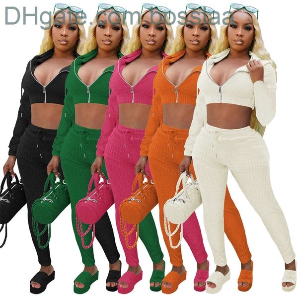 

2022 autumn winter women tracksuits zipper hooded crop two piece pants outfits high waist, Gray