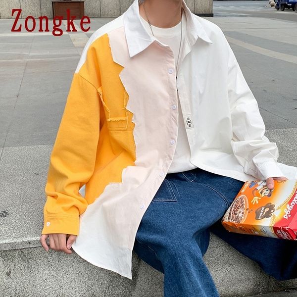 

men s casual shirts zongke for clothing fashion streetwear long sleeve patchwork white  3xl 220901, White;black