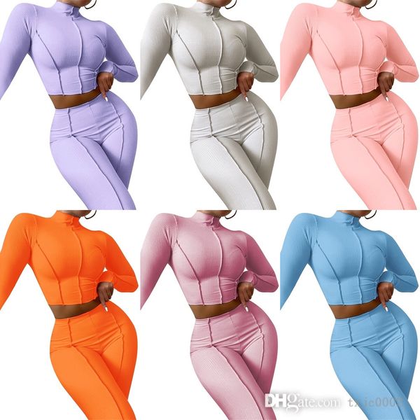 

fall pit thread tracksuits 2 piece pants outfit high collar crop high waist jogger suit, Gray