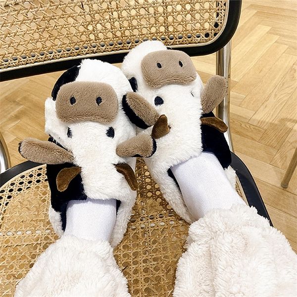 

slippers cute animal slipper for women girls fashion kawaii fluffy winter warm woman cartoon milk cow house funny shoes 220901, Black