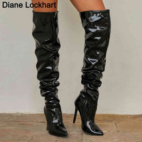 

boots 2022 new thigh high fashion patent leather pointed toe zip female stiletto heels pleated design women's shoes dropshipping 220901, Black