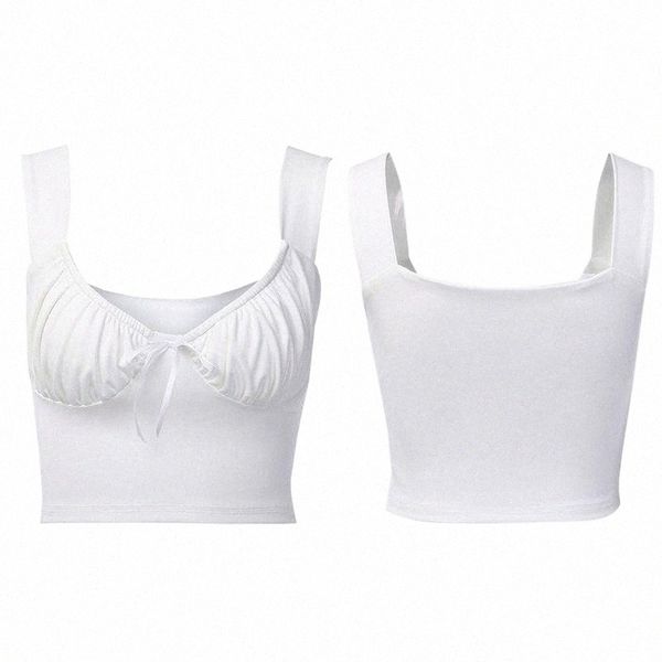 

women's tanks & camis women's tanks & camis women sleeveless solid color crop u-neck bowknot ruched chest slim vest f42f q5cd#, White