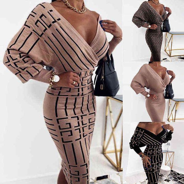 

casual dresses 2021 stripe medium length v-neck long sleeve high waist dress women t220831, Black;gray