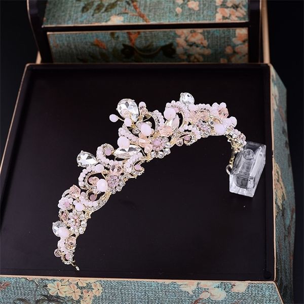 

wedding hair jewelry baroque handmade pink crystal beads bridal tiaras crown vintage wedding hair accessories crowns pageant prom diadem 220, Slivery;golden