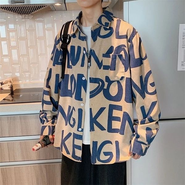

men s casual shirts korean long sleeve overszied shirt corduroy blouses letter printed streetwear man clothing 220901, White;black