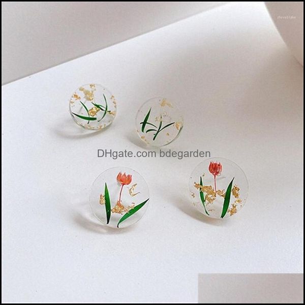 

stud stud geometric round transparent epoxy flower earrings for woman retro fashion plant specimens flowers foil handmade jewelry1 dr dhtno, Golden;silver