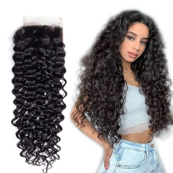 

curly lace closure brazilian virgin hair extensions 4x4 part natural black color