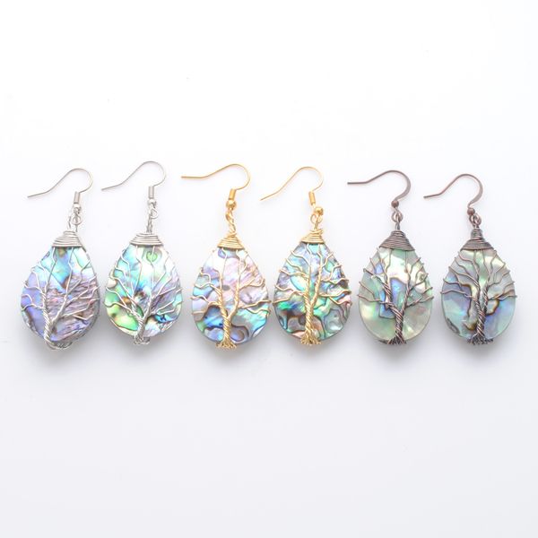 

elegant dangle earrings for women jewelry gifts tree of life teardrop bronze gold silver wrap wire abalone shell earring br350