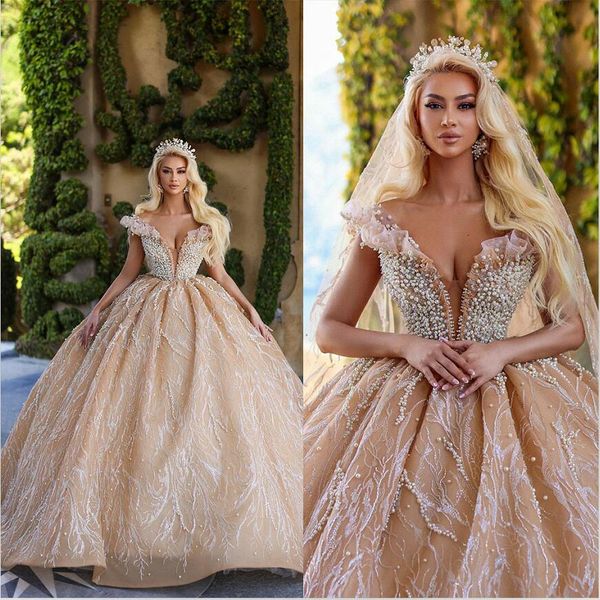 

saudi arabia princess sparkly ball gown wedding dress pearls beading short sleeve puffy bride dresses robe de mariee, White