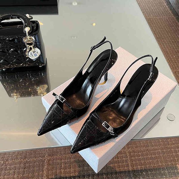 

dress shoes black patent leather high-heeled shoes women's summer french minority design sense one line buckle and baotou sandals