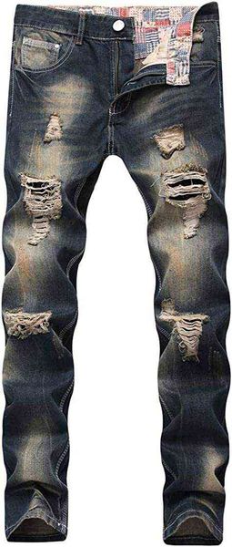 

men's jeans enrica men's torn and worn straight tube slim fit washed jeans, Blue