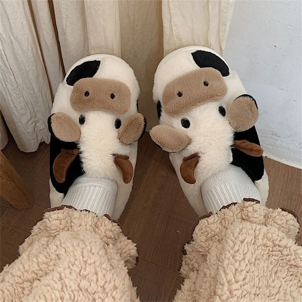 

slippers soft cute cow cotton winter students home non-slip warm couple cartoon milk fluffy fur 220901, Black