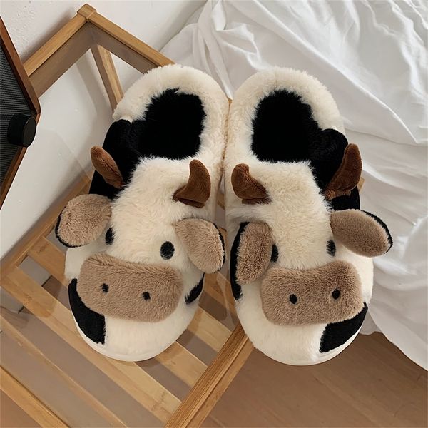 

slippers upgrate cute animal slipper for women girls kawaii fluffy winter warm slippers woman cartoon milk cow house slippers funny shoes 22, Black