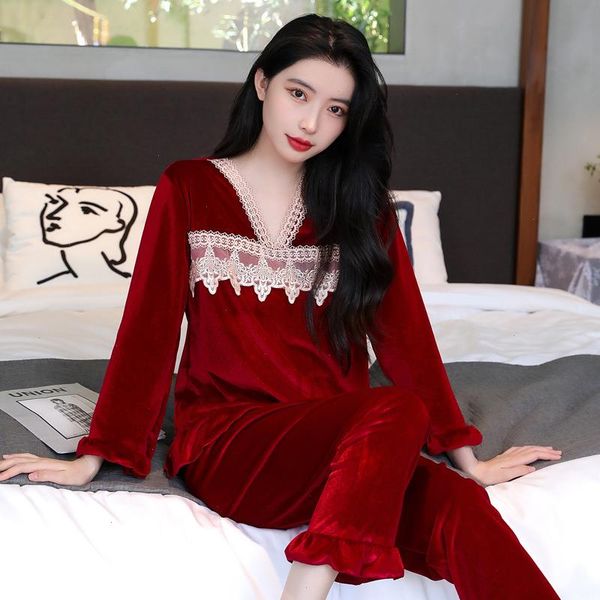 

velour autumn women pajamas sleepwears suit long sleeve casual nightwear, Black;red