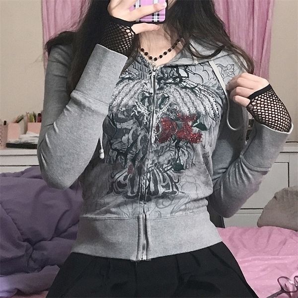 

womens hoodies sweatshirts graphic print retro casual hooded jackets spring autumn vintage fairycore grunge cloth streetwear fashion 220901, Black
