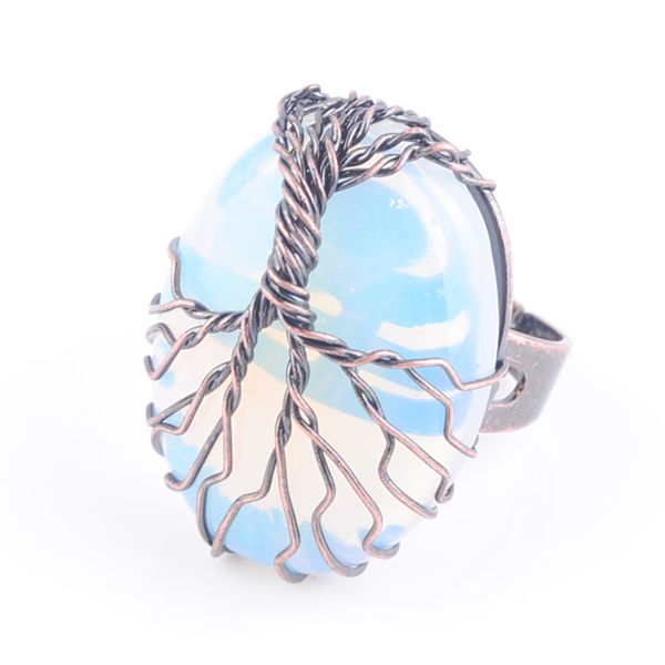 

natural stone opal bead antique rings for women finger jewelry wire wrapped tree of life adjustable ring x3054, Golden;silver
